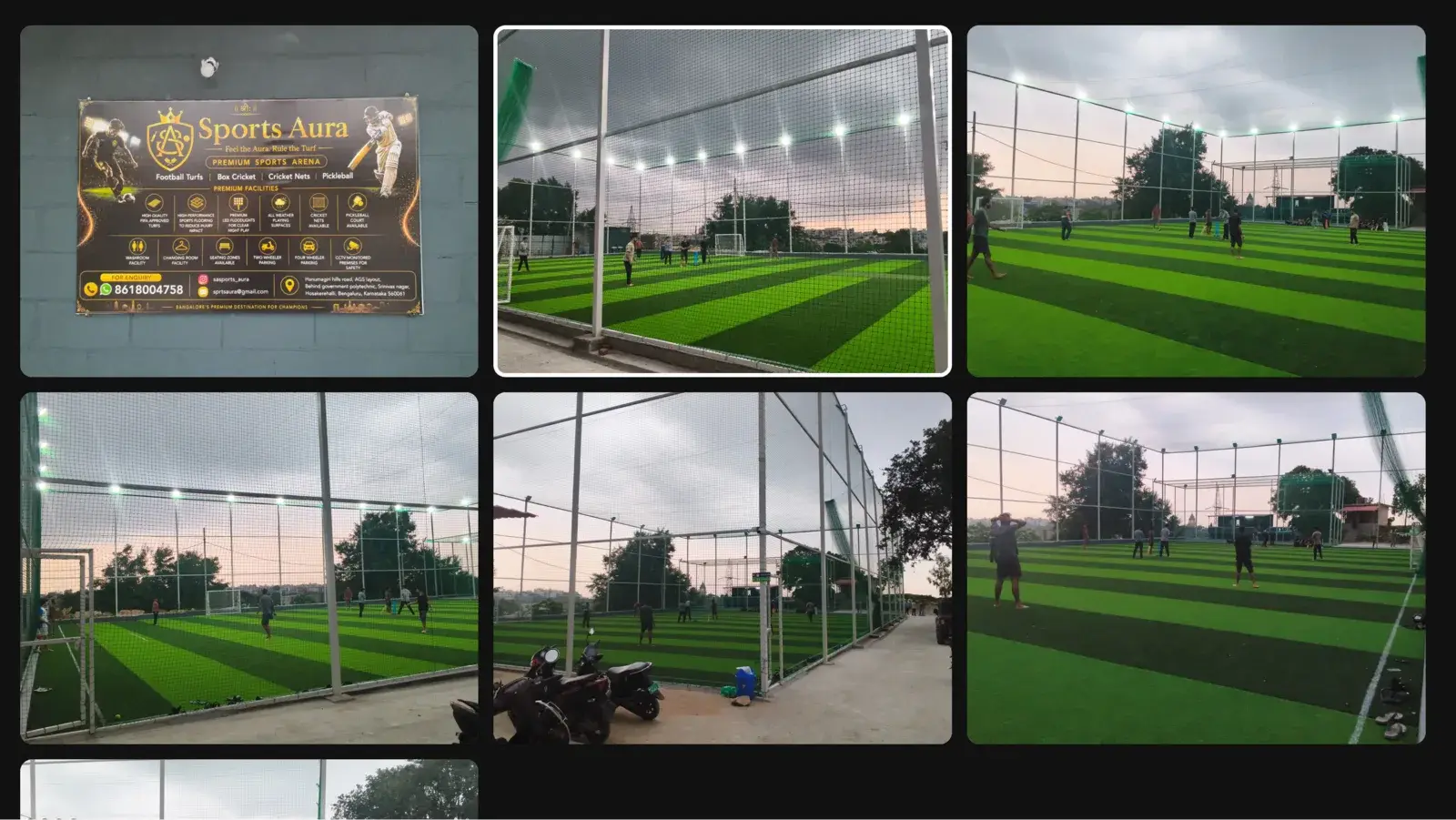 Sports Aura collage showing the poster wall, venue angles, floodlights and surrounding path.