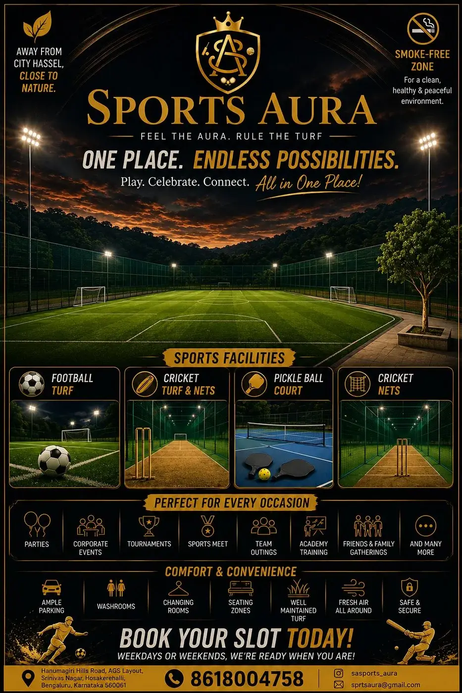 Original Sports Aura poster artwork in black, gold and emerald.